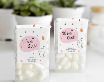 Halloween Baby Shower Favor Labels for Mints, Pink Halloween Ghost Thank You Stickers, October Baby Shower Girl, A Little Boo Is Almost Due