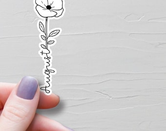 August Birthflower Sticker, August Birth Month Flower, Line Art Poppy Flower, Vinyl Water Bottle Stickers, Monthly Planner Stickers