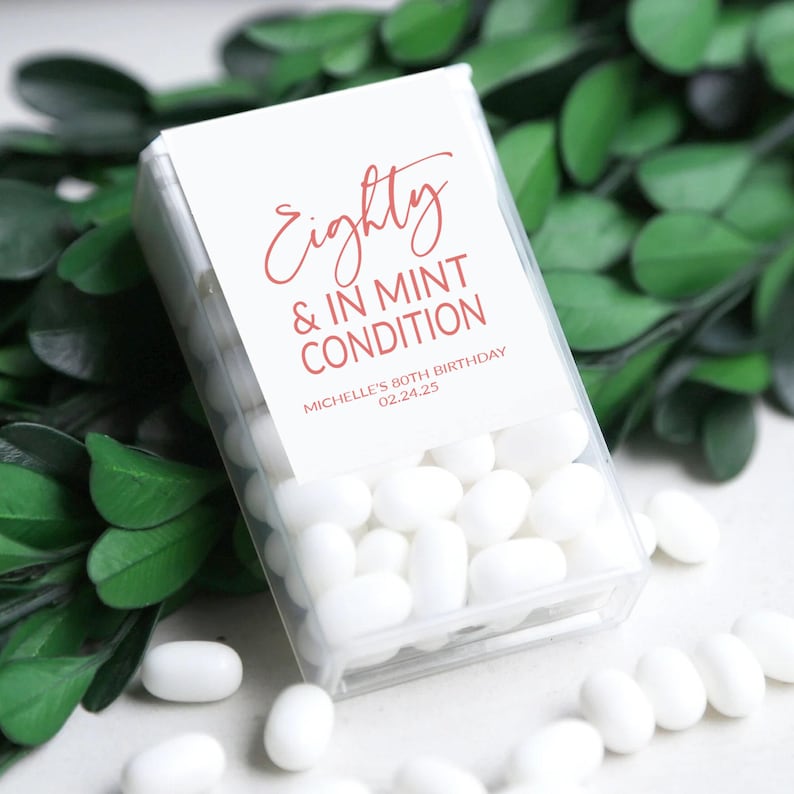 80th Birthday Party Favor Mint Labels, Eighty & In Mint Condition Stickers, Mint Favors Stickers, Personalized Mint Birthday Favors Sticker image 8