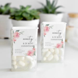 90th Birthday Party Favor Mint Labels, Ninety & In Mint Condition, Pink Floral Mint Favors, Personalized Mint Birthday Favors for Women