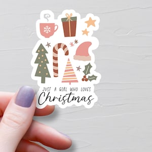 Sticker Just A Girl Who Loves Noël, Stickers bouteille d'eau en vinyle, Bas de Noël, Cadeau bohème pour les amoureux de Noël pour elle - S734