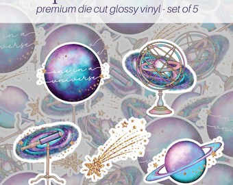 Outer Space Theme Sticker Pack of 5, Vinyl Stickers, Outer Space Stickers, Celestial Galaxy Stickers, Water Bottle Stickers, - SG100