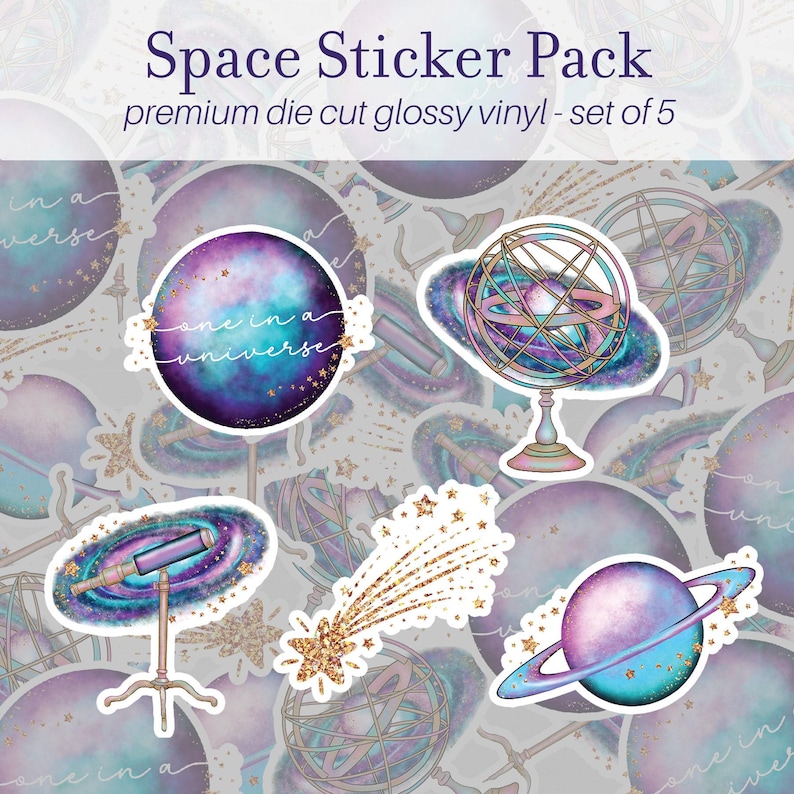 Outer Space Theme Sticker Pack of 5, Vinyl Stickers, Outer Space Stickers, Celestial Galaxy Stickers, Water Bottle Stickers, - SG100 image 1
