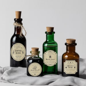 Vintage style apothecary labels on amber glass jars