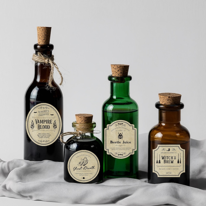 Vintage style apothecary labels on amber glass jars
