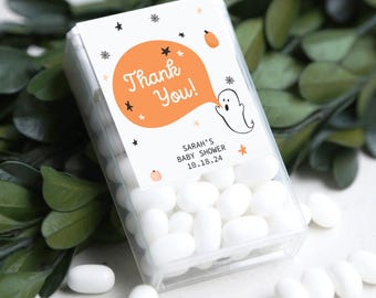 Halloween Baby Shower Favor Labels for Mints, Cute Halloween Ghost, Mint Thank You Stickers, October Baby Shower, A Little Boo Is Almost Due