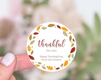 Personalized Thanksgiving Favors Stickers, Round Thanksgiving Stickers, Rustic Fall Leaves Happy Thanksgiving Gift Label, Thank You Stickers