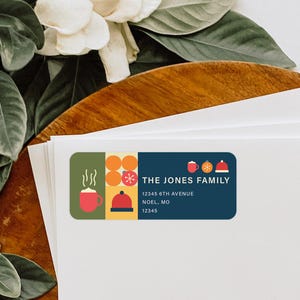 Etiquettes d'adresse personnalisées de Noël, stickers enveloppes de vacances art déco moderne, étiquettes d'adresse personnalisées, étiquettes de retour famille - CA99