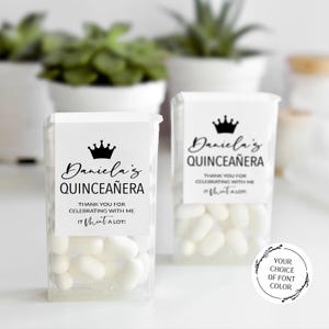 Étiquettes menthe Quinceanera Favors, Quinceañera 15e anniversaire fête menthe faveurs, Mis Coing Anos, étiquette cadeau personnalisée de remerciement de coing