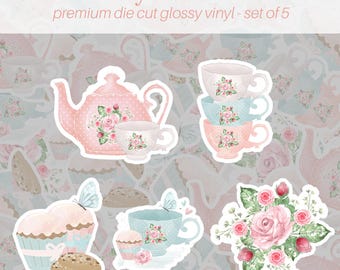 Tea Party Sticker Pack of 5, Vinyl Stickers, Floral Tea Stickers, Scrapbook Stickers, Water Bottle Stickers, Tumbler Stickers, Laptop Decals