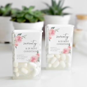 70th Birthday Party Favor Mint Labels, Seventy & In Mint Condition, Pink Floral Mint Favors, Personalized Mint Birthday Favors for Women
