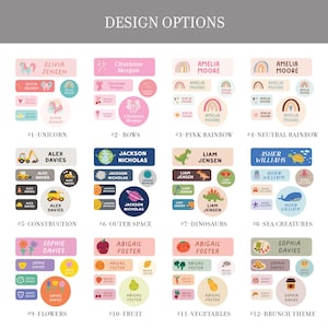 a collection of design options for children's names, featuring various colors, shapes, and themes.