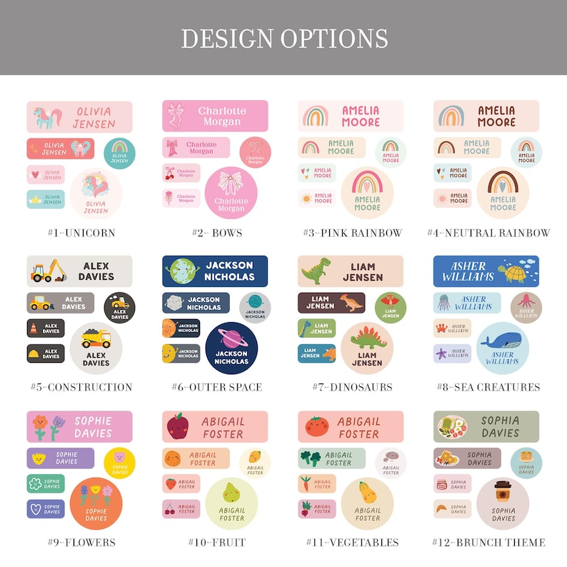 a collection of design options for children's names, featuring various colors, shapes, and themes.