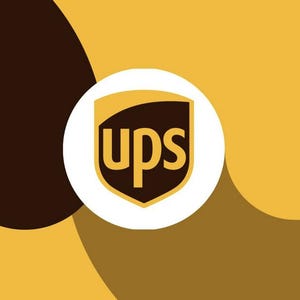May include: The UPS logo, a brown and gold shield, is set within a white circle. The background features layered brown and gold shapes, creating a simple, graphic design.