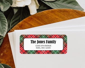 Personalized Christmas Address Labels, Christmas Plaid, Red Green Tartan, Holiday Envelope Stickers, Custom Return Address Labels - CA107