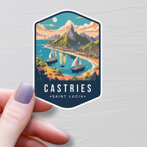 Sticker Castries, Stickers voyage en vinyle, Stickers Capitale de Sainte-Lucie, Sticker bouteille d'eau, Sticker pour ordinateur portable, Stickers bagages - S869