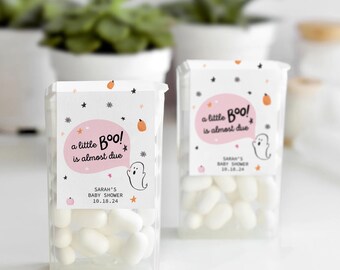 A Little Boo Is Almost Due Mint Labels, Cute Ghost Pink Halloween Baby Shower Favor Labels for Mints, October Baby Shower Thank You Stickers
