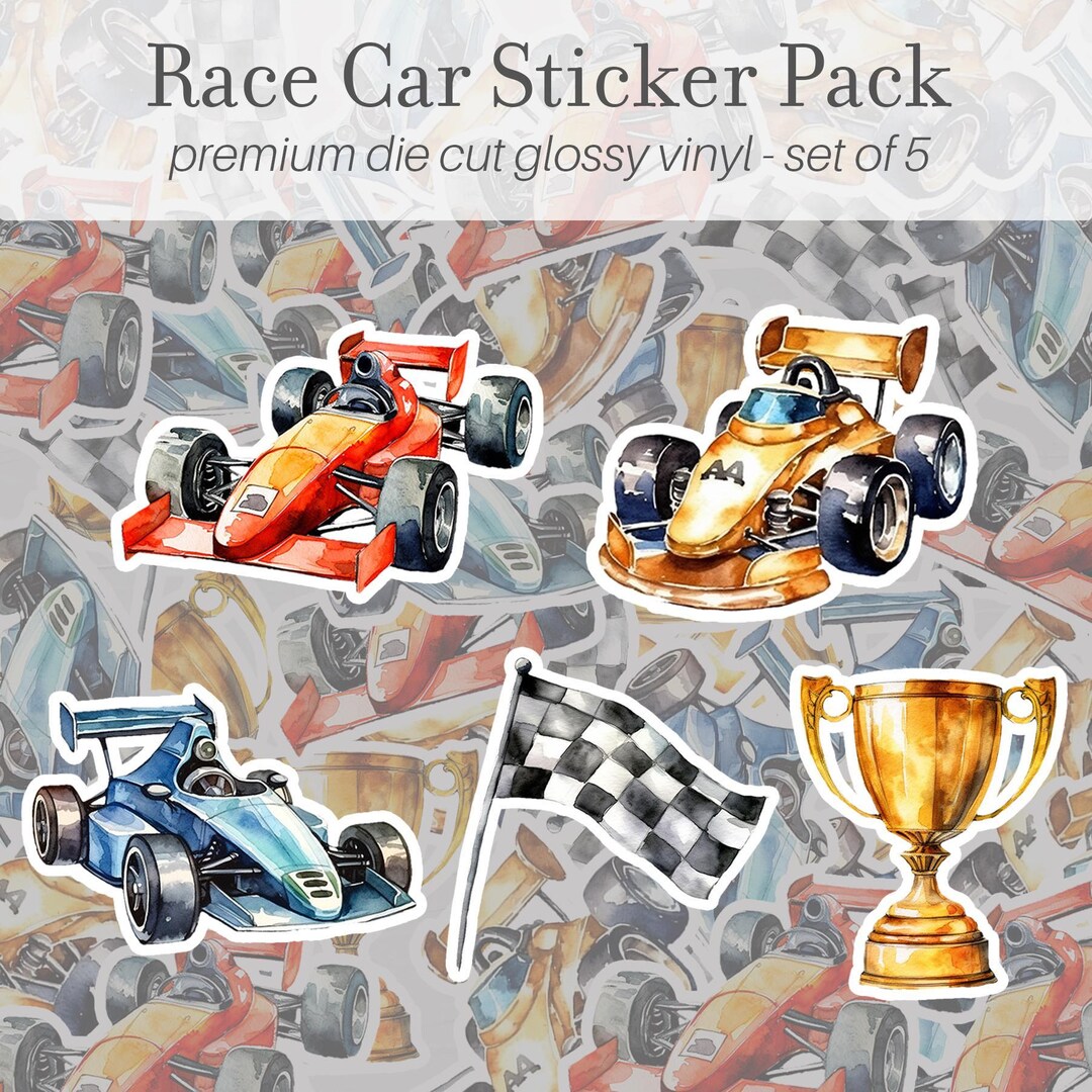 Race Car Sticker Pack of 5, Vinyl Stickers, Race Car Decals, Cute ...
