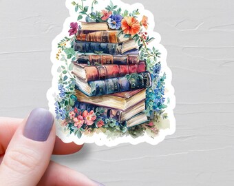 Stacked Books Sticker, Floral Book Stack Sticker, Book Lover Gift, Vinyl Book Stickers, BookTok Stickers, Flower Bookish Sticker - S526