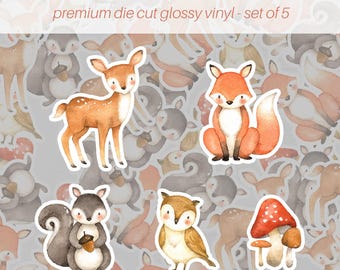 Woodland Animals Sticker Pack of 5, Vinyl Stickers, Woodland Stickers, Forest Animals Stickers, Water Bottle Stickers - W100