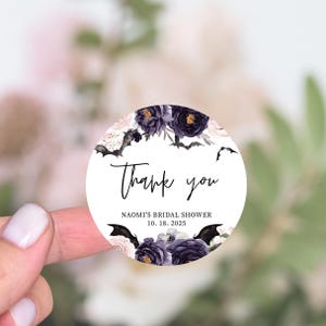Stickers douche nuptiale Halloween, cadeaux de douche nuptiale gothiques, shower de mariage sorcière, jusqu'à ce que la mort nous sépare, Stickers de remerciement pour la mariée ou pour mourir