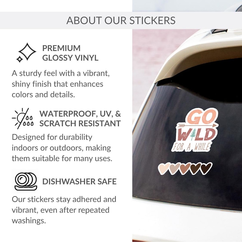 The image is a collage of several images, including a close-up of a car windshield with a sticker, a close-up of a car bumper with a sticker, and a close-up of a car bumper with a sticker. The image does not contain any text, and the focus is on the car stickers and their features.