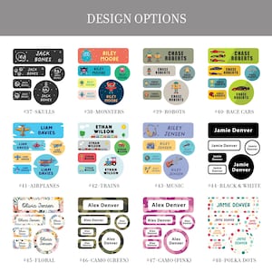 a collection of design options for children's name tags, featuring various themes and styles.