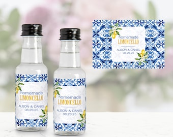 Etiketten limoncello, etiketten mini-likeurfles, zelfgemaakte limoncello-feestgunsten, citroenthema, Italiaans etiket trouwbedankjes, limoncello-gunsten