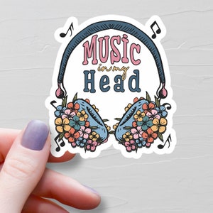 Sticker Musique dans ma tête, Stickers bouteilles d'eau en vinyle, Stickers ordinateur portable, Stickers musique, Fleurs pour écouteurs, Cadeau pour amateur de musique pop - S321