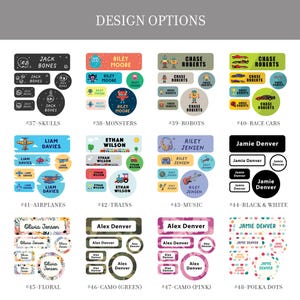 a collection of design options for children's name tags, featuring various themes and styles.