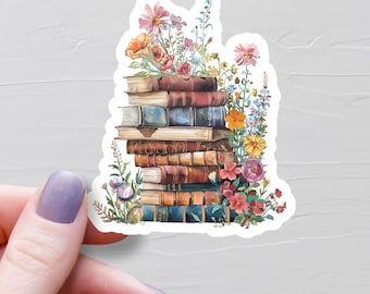 Wildflower Stacked Books Sticker, Floral Book Stack Sticker, Book Lover Gift, Vinyl Book Stickers, BookTok Stickers, Bookish Sticker - S525