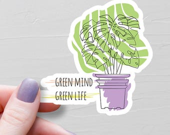 Green Mind Green Life Sticker, Vinyl Water Bottle Sticker, Aesthetic Line Art, Plant Stickers, Laptop Stickers, Plant Lover Gift - S164