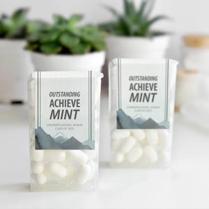 Abschlussfeier Gastgeschenke Etiketten für Minzen, Beginn Minze Gastgeschenke, personalisierte Abschlussfeier Geschenke, Berg Thema AchieveMINT Aufkleber