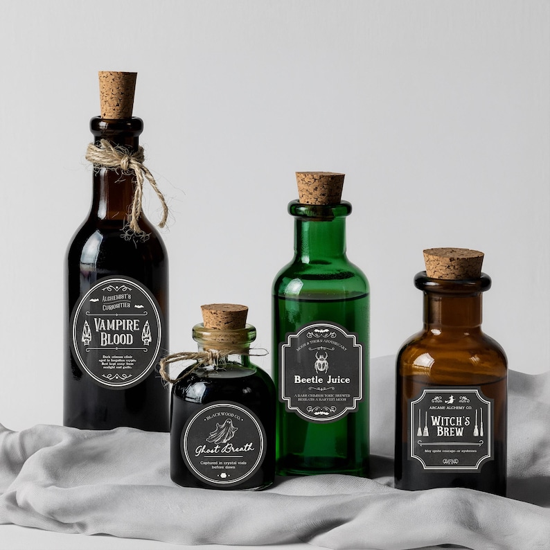 Snake Venom and Mandrake Root apothecary labels
Vampire Blood and Beetle Juice potion bottle labels