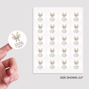 May include: A sheet of 2-inch round stickers with a pink bunny rabbit with green leaves and a bow. The text on the stickers reads "Some Bunny is on the Way".
