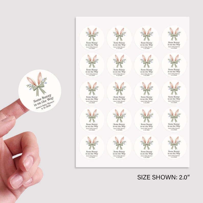 May include: A sheet of 2-inch round stickers with a pink bunny rabbit with green leaves and a bow. The text on the stickers reads "Some Bunny is on the Way".