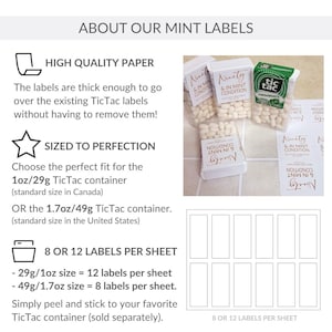 The image is a collage of two images. The first image shows a collection of Tic Tac containers, with labels that are described as high quality paper and sized to perfection. The second image depicts a set of mint labels, with a star symbol indicating that they are perfect in size. The text in the image is limited to 8 or 12 labels per sheet, and the image is not a full-page spread.
