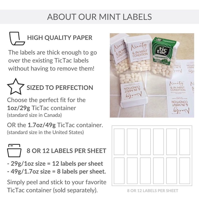 The image is a collage of two images. The first image shows a collection of Tic Tac containers, with labels that are described as high quality paper and sized to perfection. The second image depicts a set of mint labels, with a star symbol indicating that they are perfect in size. The text in the image is limited to 8 or 12 labels per sheet, and the image is not a full-page spread.
