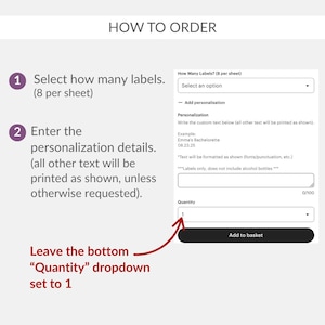 The image is a screenshot of a customer order form for a product, specifically a "Basket" with a "Dropdown" feature. The form allows the user to select the number of labels they want, enter the customization details, and add the basket. The form also includes a "Quantity" dropdown to set the number of labels to be printed.