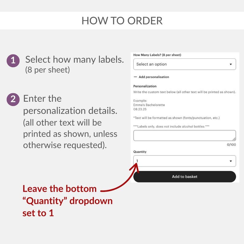 The image is a screenshot of a customer order form for a product, specifically a "Basket" with a "Dropdown" feature. The form allows the user to select the number of labels they want, enter the customization details, and add the basket. The form also includes a "Quantity" dropdown to set the number of labels to be printed.