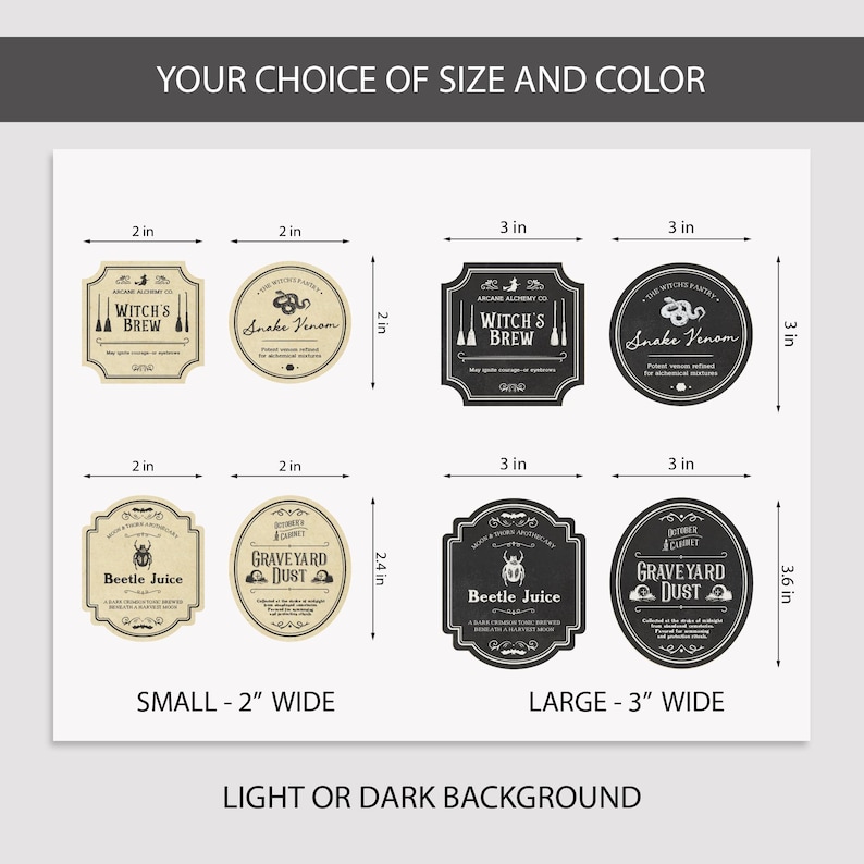 Witch themed apothecary labels on dark shelf