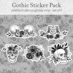 Gothic Floral Skulls Sticker Pack of 5, Vinyl Stickers, Gothic Stickers, Skull Stickers, Halloween Water Bottle Stickers, Laptop Stickers