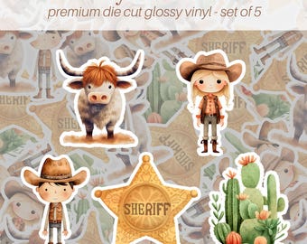 Western Sticker Pack of 5, Vinyl Stickers, Water Bottle Sticker, Laptop Stickers, Kids Cowboy Stickers, Cowgirl Stickers, Wild West Stickers