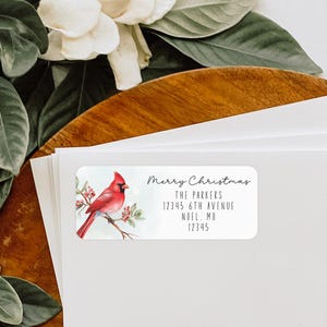 Etiquettes d'adresse personnalisées de Noël, oiseau cardinal rouge, stickers enveloppes de vacances, étiquettes d'adresse retour personnalisées - CA40