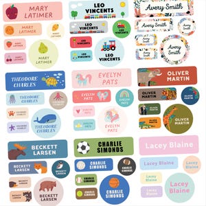 May include: A selection of colourful name labels with diverse designs and names. Labels include names such as Mary Latimer, Leo Vincents, Avery Smith, Theodore Charles, Evelyn Pats, Oliver Martin, Beckett Larsen, Charlie Simonds, and Lacey Blaine.