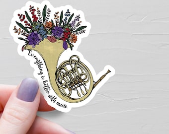 Floral French Horn Sticker, Everything Is Better With Music, Vinyl Water Bottle Stickers, French Horn Gift, Brass Instrument Player - S325