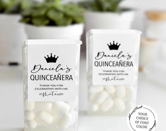 Etykiety miętowe na upominki dla quinceanery, miętowe upominki na 15. urodziny quinceanery, Mis Quince Anos, spersonalizowana etykieta na prezent z podziękowaniami dla gości z pigwą