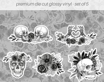 Gothic Floral Skulls Sticker Pack of 5, Vinyl Stickers, Gothic Stickers, Skull Stickers, Halloween Water Bottle Stickers, Laptop Stickers