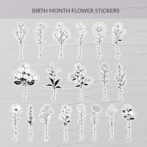 Autocollants Fleurs Pour Le Mois De Naissance, Autocollants Fleurs Pour Le Mois De Naissance, Vinyle Autocollants, Dessin Au Trait Mois De Naissance, Autocollants Bouteilles D'eau, Autocollants Agenda Mensuel