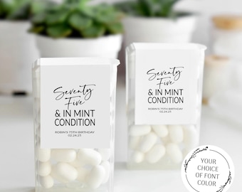Etiquetas de lembrancinhas de festa de 75º aniversário, adesivos Seventy Five e em perfeitas condições, lembrancinhas de menta, adesivos personalizados de lembrancinhas de aniversário de menta
